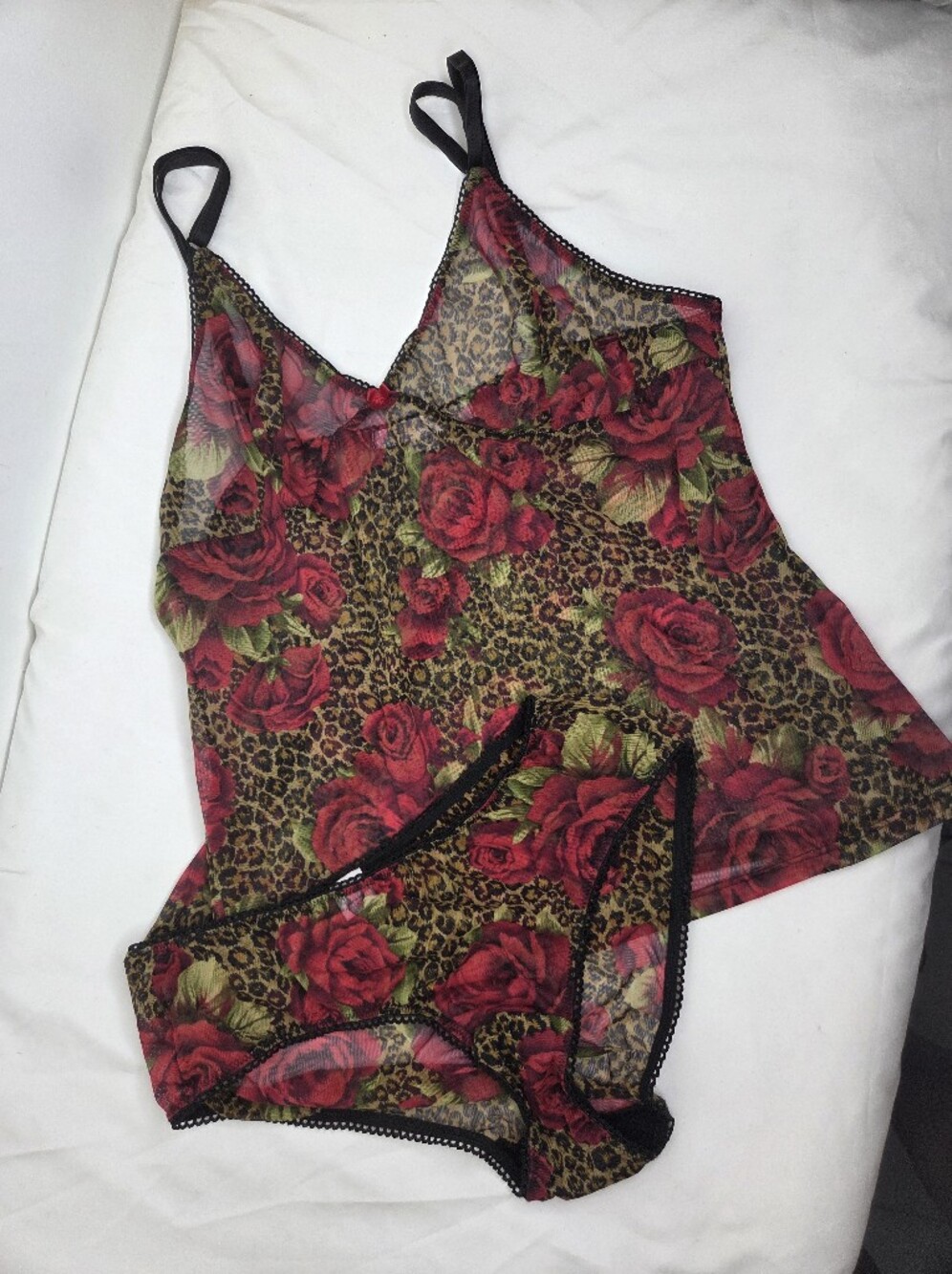 Victorias Secret Two-piece Sheer Rose & Leopard Print Lace Cami -Top M/ Bottom S
